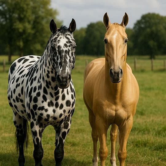Spotted Celestial Horse and metallic-coated Akhal-Teke horse side by side showing separate breed characteristics