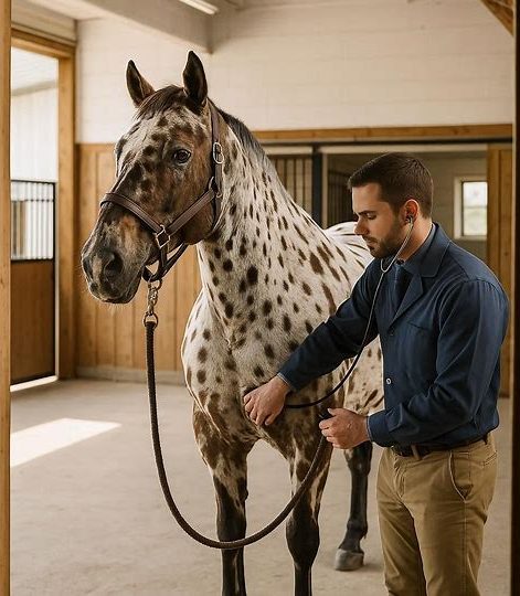 Veterinarian examining Celestial Horse comprehensive care funded by donations supporting health nutrition and conservation