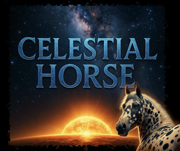 Celestial Horse spotted heritage breed with dramatic solar space background symbolizing ancient cosmic significance