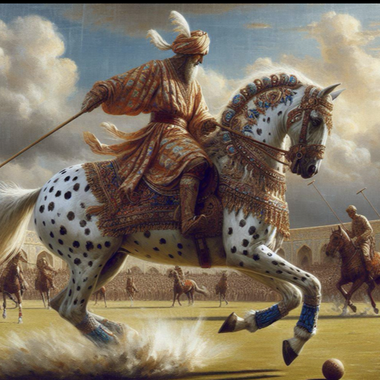 Ancient Persian nobleman on spotted Celestial Horse playing polo cultural diplomacy heritage connecting nations across history